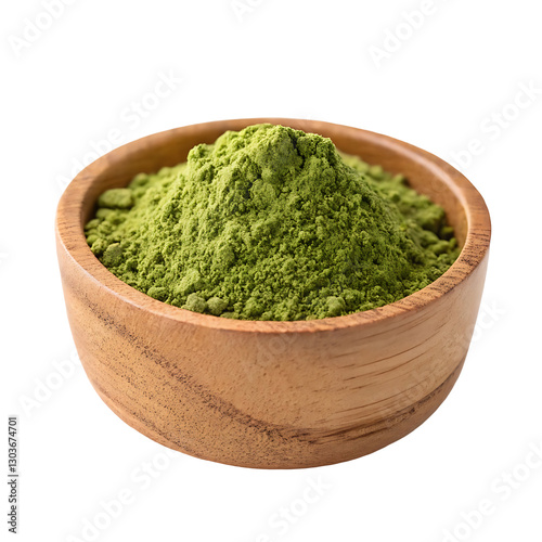 Matcha green tea powder in a wooden cup isolated on white background
