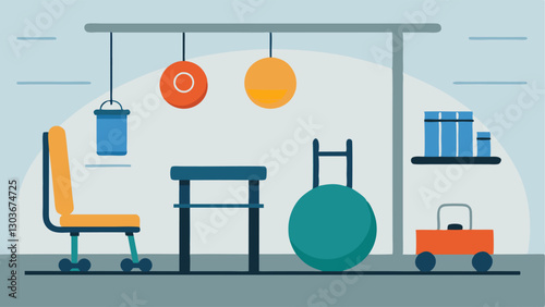Therapy Equipment A physical therapy room with adaptive equipment like therapy balls resistance bands and lowimpact therapy machines suitable for all patients.