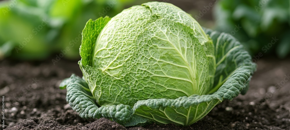 Fototapeta premium Fresh, Organic Savoy Cabbage Growing in a Garden Close-Up of a Ripe, Green Vegetable