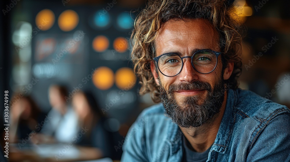 A Smiling Man with Glasses and Curly Hair Poses Nicely A Smiling Man with Glasses and Curly Hair Poses Nicely