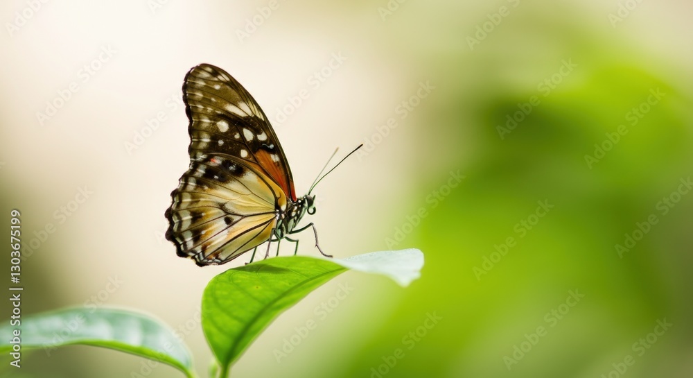 Delicate butterfly resting on leaf with vibrant green background Delicate butterfly resting on leaf with vibrant green background