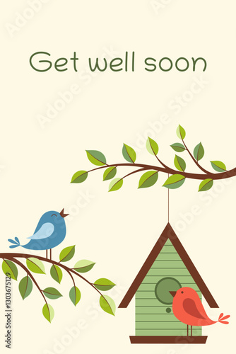 Get well soon - Schriftzug in englischer Sprache - Gute Besserung. Grußkarte mit Vogelhaus und Vögeln.