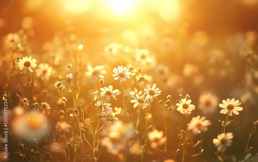 Fototapeta premium Field of yellow flowers with the sun shining on them