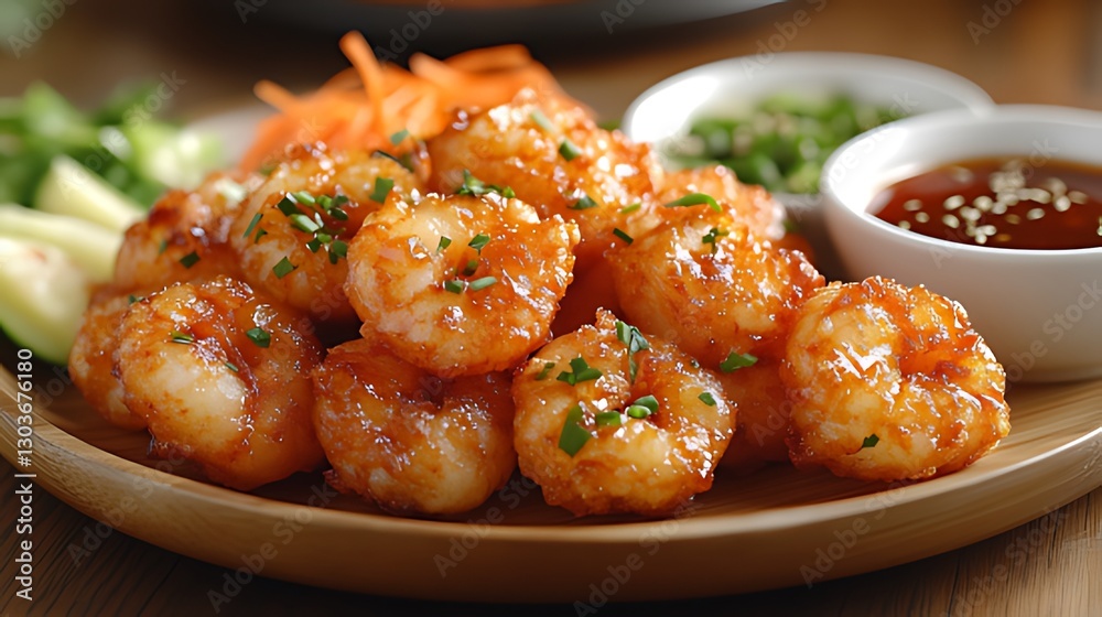 Spicy glazed shrimp dish, wood plate, garnish, kitchen table, food photography Spicy glazed shrimp dish, wood plate, garnish, kitchen table, food photography