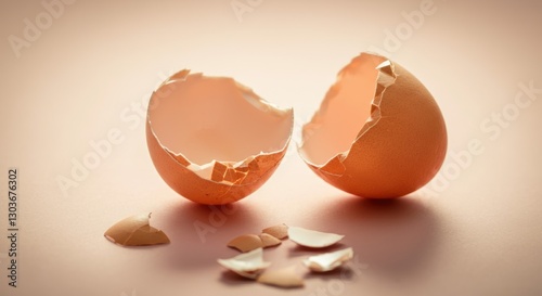 Cracked brown eggshell on soft pink background photo