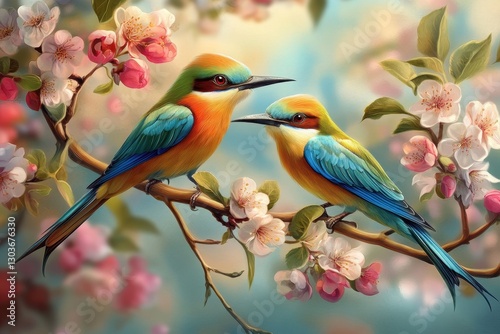 Colorful beeeaters perched among vibrant spring flowers in natural harmony, beautiful wild bird bee-eaters among spring flowering branches photo