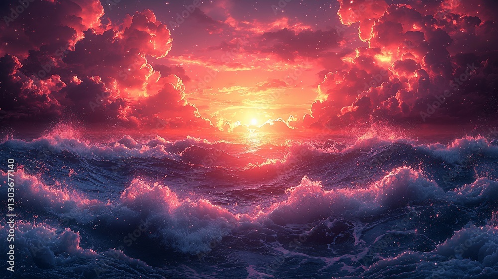 Naklejka premium Fiery sunset over dramatic ocean waves.