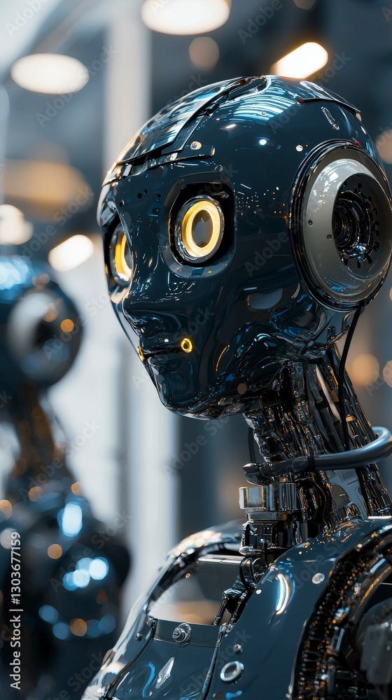 Close-up of a glossy blue robot with yellow eyes, AI Close-up of a glossy blue robot with yellow eyes, AI