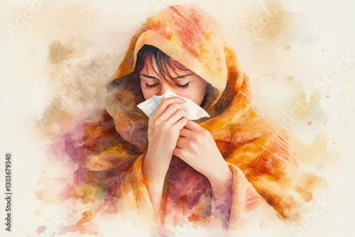Cozy watercolor painting of a sick person wrapped in a blanket, holding a tissue, with warm tones and a comforting ambiance, soft and inviting, ideal for health-related articles.