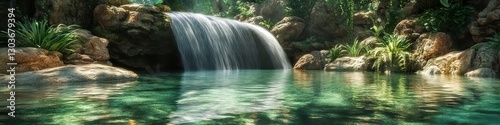 A tranquil waterfall nestled in a deep forest, with crystal-clear water reflecting the surrounding rocks and plants. Peaceful atmosphere.