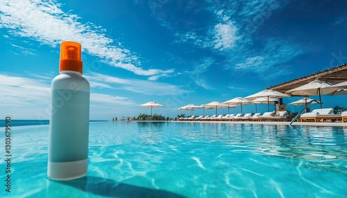 A sunscreen spray bottle beside a clear blue pool, surrounded by sun loungers and umbrellas, with a bright summer sky.