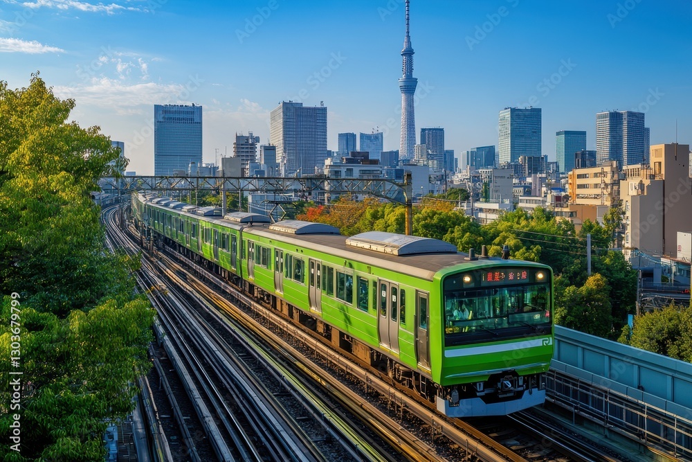 Naklejka premium Lapse automatic train speeds through Tokyo city with skyline view, 4KTime lapse automatic train fast speed at Tokyo city of Japan