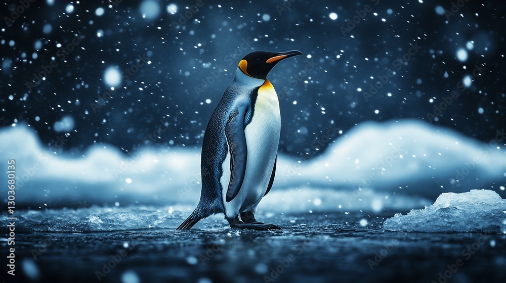 Obraz premium A solitary penguin stands in a snowy landscape.