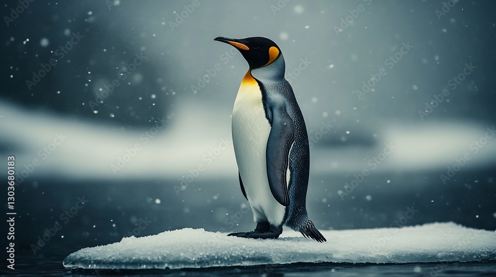 Obraz premium A solitary penguin stands on an ice floe amidst falling snow.
