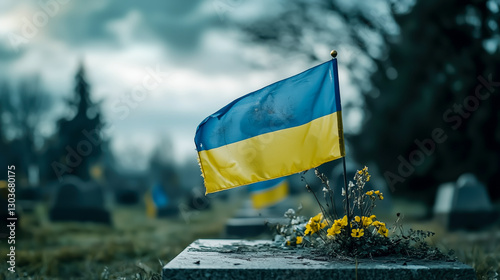 Symbol of resilience: A blue and yellow flag waves in a solemn cemetery, honoring those lost and standing for enduring hope.
