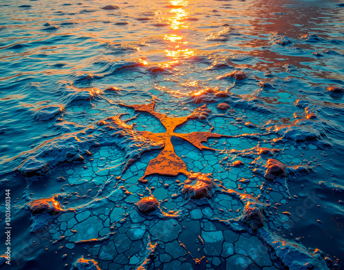 Iridescent oil spill tessellation with gasoline-on-water interference, featuring an eco-protest art theme. photo
