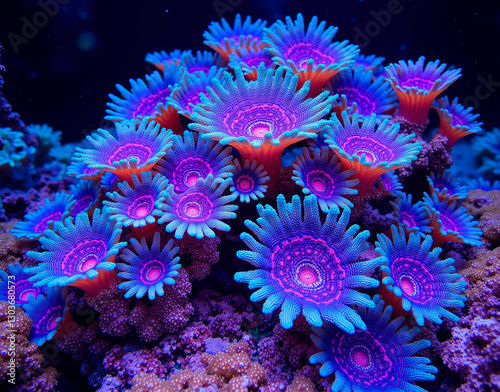 Fototapeta Naklejka Na Ścianę i Meble -  Prismatic coral reef tessellation with UV-reactive polyps, forming a vibrant underwater kaleidoscope of marine hues.
