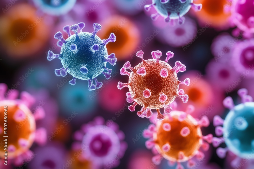 A detailed isometric 3D rendering of the measles virus, depicting its complex spike protein structure in a vibrant, colorful environment. A detailed isometric 3D rendering of the measles virus, depicting its complex spike protein structure in a vibrant, colorful environment.