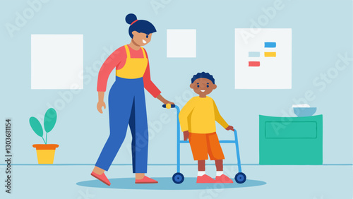Stylish Outfits for Caregivers An illustration of a caregiver in fashionable breathable attire assisting a child with mobility challenges dressed in a colorful easytowear outfit