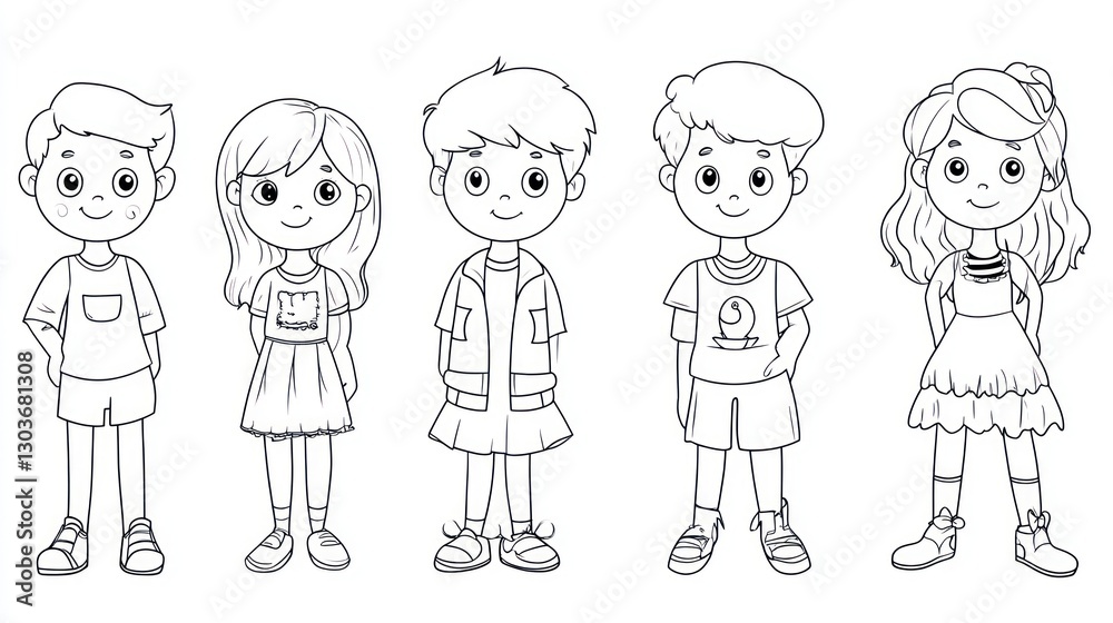 Cartoon kids, outline style, various clothing, group portrait, for coloring book Cartoon kids, outline style, various clothing, group portrait, for coloring book