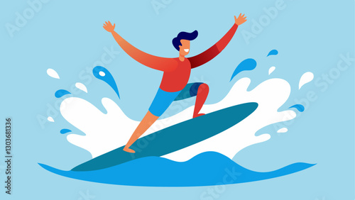 Surfing Adaptation A surfer on a modified surfboard riding a wave with arms raised in triumph surrounded by water splashes showcasing freedom and joy in the ocean.