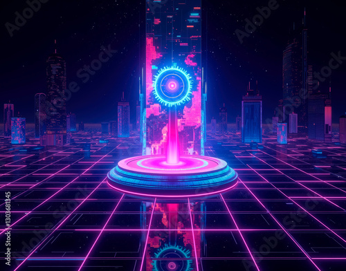 Retro-futuristic hologram grids with CRT screen phosphor glow, evoking 8-bit pixel nostalgia and vintage digital aesthetics.