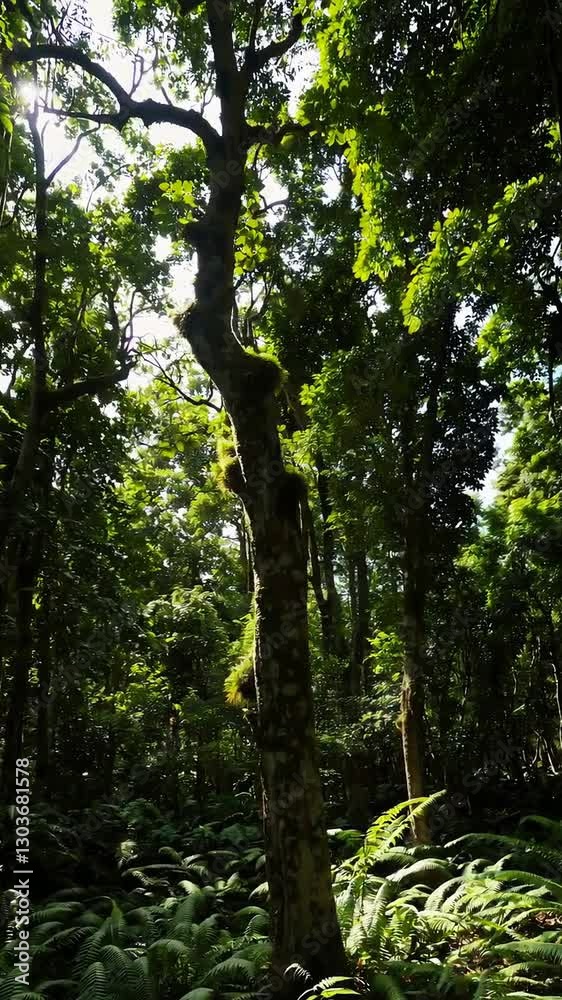 Sunlight through lush forest canopy illuminates verdant jungle landscape Sunlight through lush forest canopy illuminates verdant jungle landscape