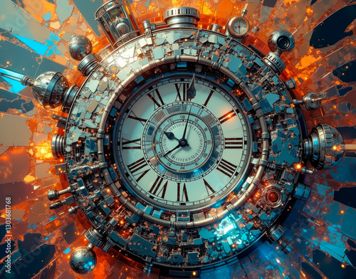 Wallpaper Mural Prismatic shattered clocks symbolizing timeless rebellion, with a fusion of chrome and hourglass elements, reflecting the clash of time and defiance. Torontodigital.ca