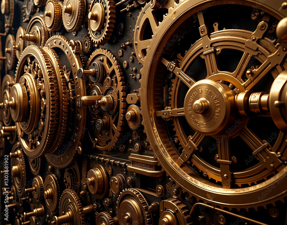 Fototapeta premium Cryptographic key farm with rotating encryption wheels and brass gears, a modernized take on the Enigma machine.