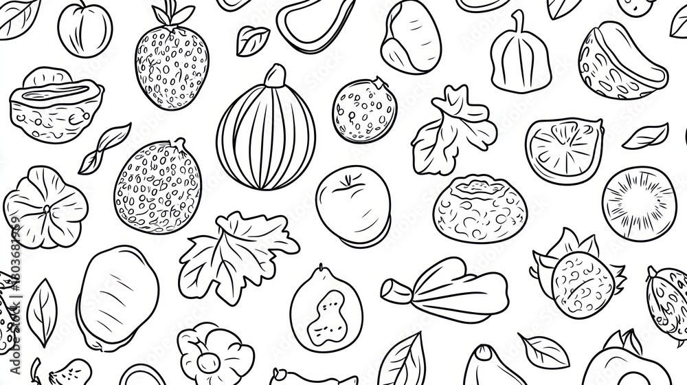 Hand-drawn fruit and vegetable pattern seamless background for design, food illustration Hand-drawn fruit and vegetable pattern seamless background for design, food illustration