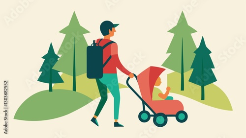 StrollerCompatible AllTerrain Tires An illustration of a hiking stroller equipped with allterrain tires showing a child and a parent exploring a forest trail together.
