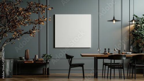 Modern dining room interior with blank canvas, table setting, and stylish decor