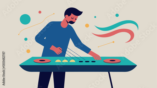Sound Table A musician at a tactile sound table with various textures and shapes that produce different sounds when touched with flowing lines depicting the sound vibrations.