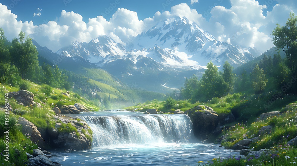 Fototapeta premium Mountain waterfall scenic landscape, idyllic valley, summer