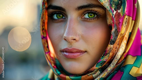 A striking portrait of a woman with intense green eyes, wearing a colorful headscarf, symbolizing beauty, culture, and individuality. . High quality 4k footage