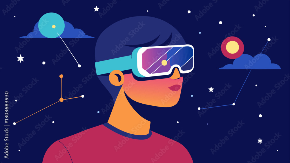 Star Gazing A person using bionic glasses to observe the night sky with their view enhanced to reveal vibrant constellations and celestial bodies. Star Gazing A person using bionic glasses to observe the night sky with their view enhanced to reveal vibrant constellations and celestial bodies.
