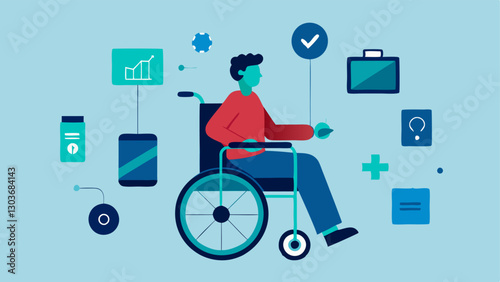 Technology for Independence A person navigating their environment confidently with the help of advanced mobility aids like a powered wheelchair and smart tech like a wearable