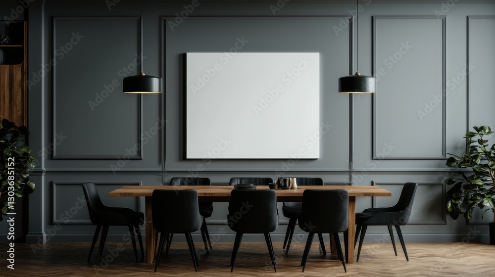 Fototapeta premium Elegant dining room interior with blank canvas and modern lighting for art display