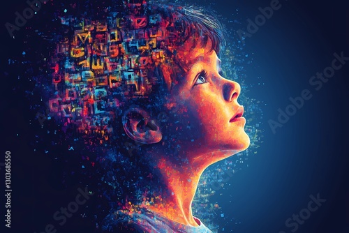 Digital painting of a young boy with abstract letters dissolving from his mind, concept of dyslexia, learning difficulties, cognition, and neurodiversity, dark blue background with vibrant neon colors