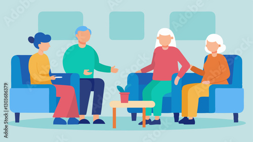 Supportive Common Area A common area with comfortable seating arrangements featuring seniors chatting and enjoying each others company with mobility aids like walkers and