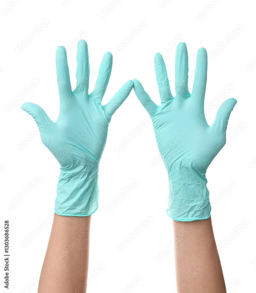 Female hands in medical gloves on white background Female hands in medical gloves on white background