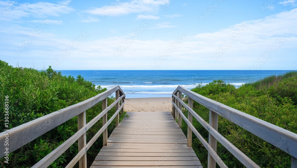 Wooden walkway to beach, tranquil scene Wooden walkway to beach, tranquil scene