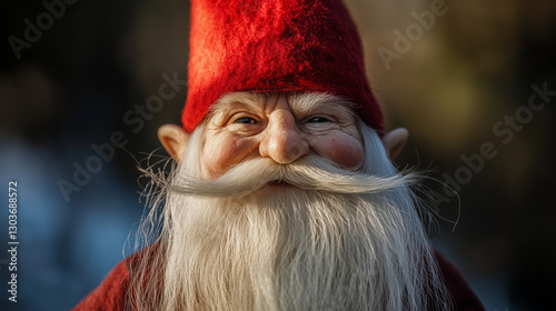 A wise old gnome with a long white beard, wearing a red hat, smiling gently