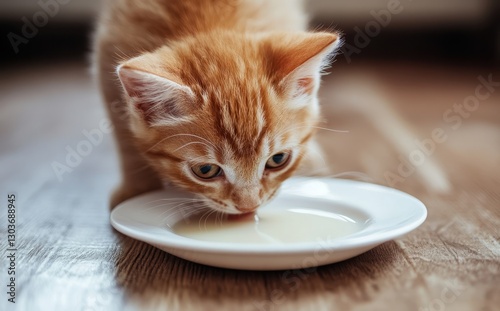 Wallpaper Mural Adorable orange kitten drinking milk from a small white plate on a wooden floor in a cozy indoor setting with soft lighting and blurred background Torontodigital.ca
