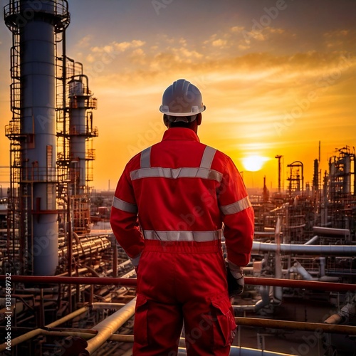 Generated imA male industrial worker wearing a red protective jumpsuit and a safety helmet, standing on a metal platform in an oil refinery at sunset. The background is filled with large metallic page