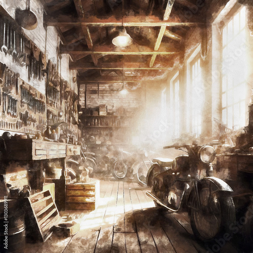 Painting of the interior of an old motorcycle , repair shop with workbench, tools and vintage motorbikes