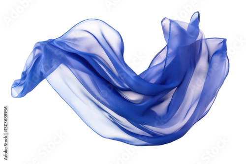 A flowing blue silk scarf gracefully dances in the gentle breeze under the morning sunlight isolated on transparent background