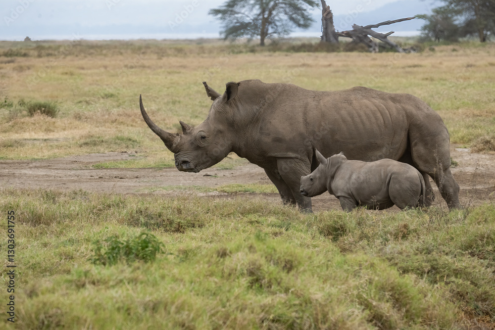 Mother white rhino with her calf walking through the grasslands Mother white rhino with her calf walking through the grasslands