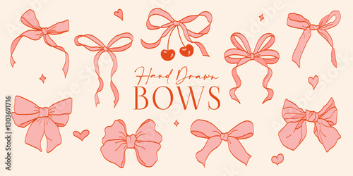 Pink vintage coquette ribbon bows clipart set. Perfect for scrapbooking, stationery, fashion design, digital stickers, invitations, prints, social media, and branding. Hand-drawn elegant elements.