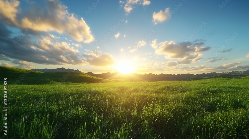 Lush green field sunset mountain landscape Lush green field sunset mountain landscape